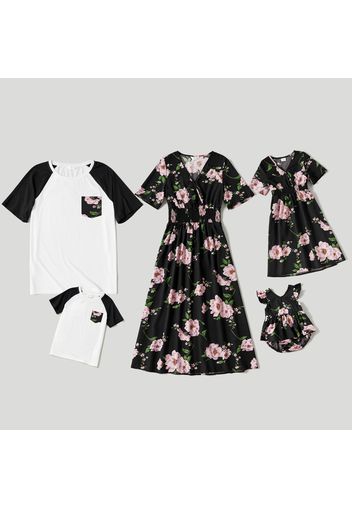 Floral Print Black Family Matching Sets（Midi Dresses and Short-sleeve Raglan T-Shirts）