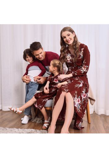 Family Matching Floral Print Cross Wrap V Neck Long-sleeve Dresses and Color Block T-shirts Sets