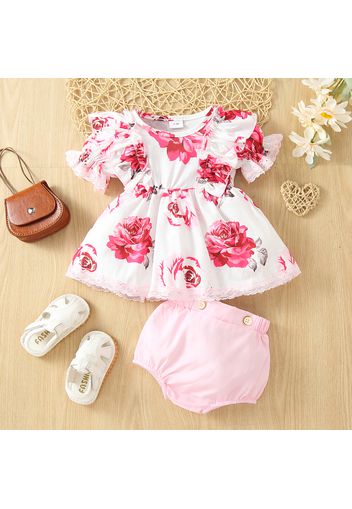 2pcs Baby Girl All Over Floral Print Lace Ruffle Puff Sleeve Dress and Solid Shorts Set