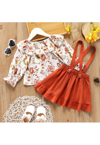 2-piece Toddler Girl Floral Print Flounce Long-sleeve Top and Ruffled Suspender Skirt Set