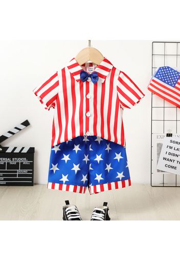 Independence Day 2pcs Baby Boy Striped Short-sleeve Shirt and Stars Print Shorts Set