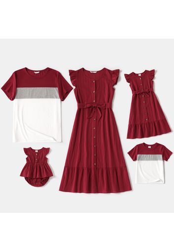 Family Matching 100% Cotton Solid Textured Flutter-sleeve Button Up Dresses and Colorblock Short-sleeve T-shirts Sets