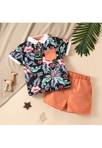 2pcs Toddler Boy Boho Floral Print Lapel Collar Shirt and Shorts Set