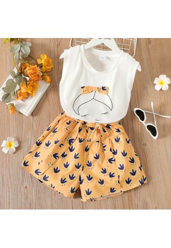 2pcs Kid Girl Bowknot Design Sleeveless Top and Allover Print Shorts Set