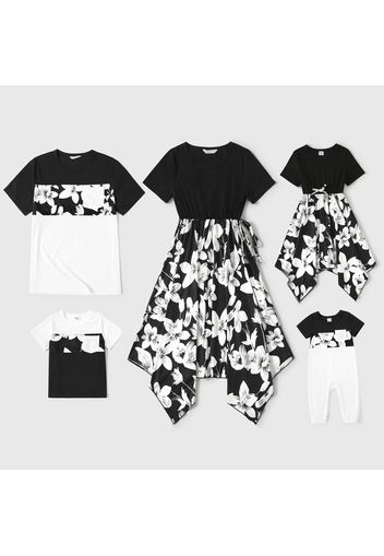 Family Matching Black Splicing Floral Print Short-sleeve Dresses and T-shirts Sets