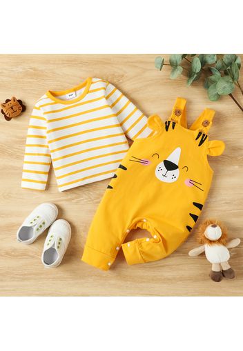 2pcs Baby Boy/Girl 95% Cotton Cartoon Tiger Print Overalls and Long-sleeve Striped Tee Set