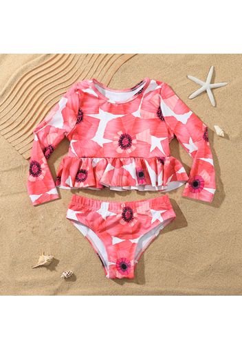 2pcs Toddler Girl Floral Print Long-sleeve Top and Briefs Swimsuit Set