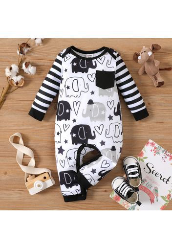 Baby Boy All Over Cartoon Elephant Print Striped Long-sleeve Jumpsuit