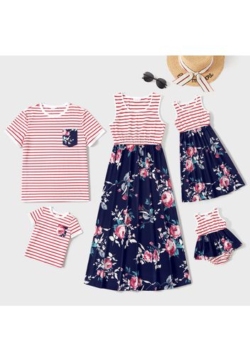 Family Matching Striped Splicing Floral Print Tank Dresses and Short-sleeve T-shirts Sets