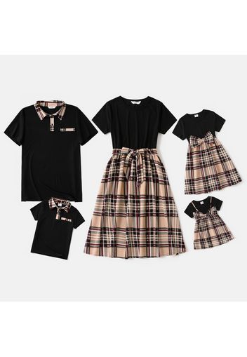 Family Matching Black Splicing Plaid Short-sleeve Dresses and Polo Shirts Sets