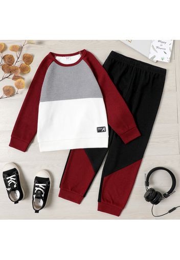 2-piece Kid Boy Colorblock Letter Embroidered Patch Raglan Sleeve Sweatshirt and Pants set