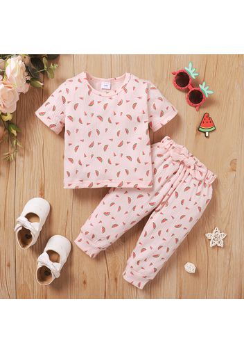 2pcs Baby Girl Allover Watermelon Print Pink Textured Short-sleeve Tee and Bowknot Pants Set