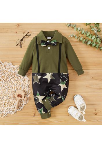 Star Print Splicing Army Green Cotton Lapel Long-sleeve Bow Tie Gentleman Baby Jumpsuit