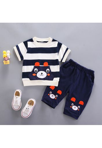 2pcs Toddler Boy Playful Bear Print Stripe Tee & Capri Pants Set