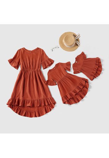 100% Cotton Solid Color Ruffle Cuff Matching Midi Dresses