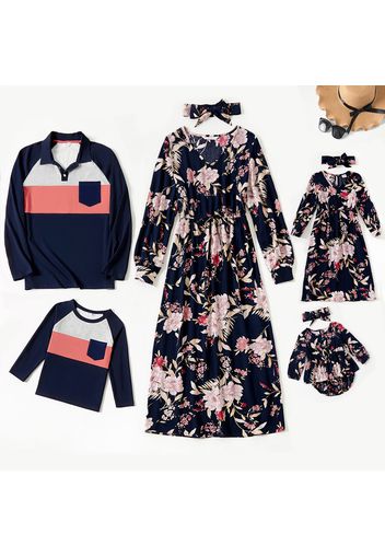 Family Matching All Over Floral Print V Neck Long-sleeve Dresses and Color Block T-shirts Sets