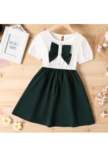 Kid Girl Bowknot Button Design Colorblock Short-sleeve Dress