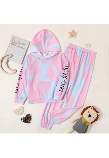 2-piece Kid Girl Letter Floral Print Tie Dye Hoodie Sweatshirt and Elasticized Pants Set