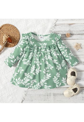 Baby Girl All Over Leaves Print Ruffle Long-sleeve Casual Dress