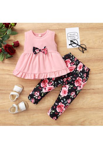 2-piece Toddler Girl Bowknot Decor Sleeveless Ruffle Top and Floral Print Elasticized Pants Set