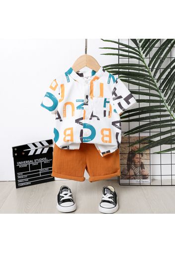 2pcs Toddler Boy Letter Print Button Design Short-sleeve Shirt and Elasticized Shorts Set