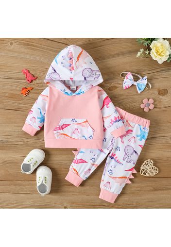 3pcs Baby Girl 95% Cotton Long-sleeve Allover Dinosaur Print Hoodie and Pants with Headband Set