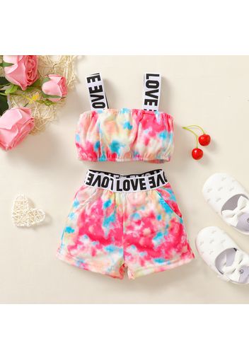 2pcs Baby Girl Letter Print Tie Dye Cami Crop Top and Shorts Set