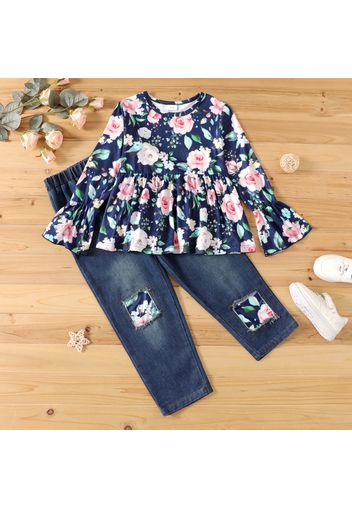 2-piece Kid Girl Floral Print Long Bell sleeves Peplum Top and Patchwork Denim Jeans Set