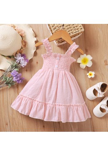 Baby Girl Button Design Pink Plaid Sleeveless Shirred Spaghetti Strap Ruffle Dress