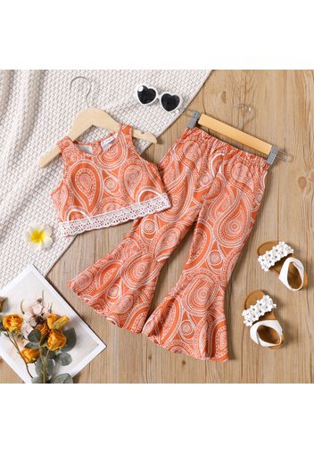 2pcs Toddler Girl Boho Print Lace Decor Sleeveless Tank Top and Bellbottom Pants Brown Set