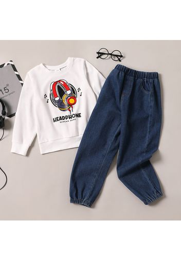 2-piece Kid Boy Letter Headphone Print White Sweatshirt and Elasticized Denim Jeans Set