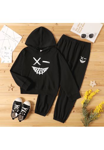 2-piece Kid Boy Face Emojis Print Hoodie Sweatshirt and Pants Set