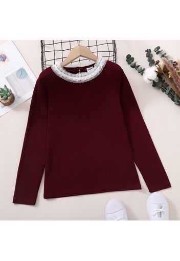 Kid Girl Lace Collar Solid Color Long-sleeve Tee