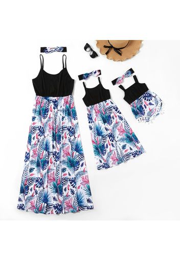 Mommy and Me Plant Print Stitching Solid Tank Dresses