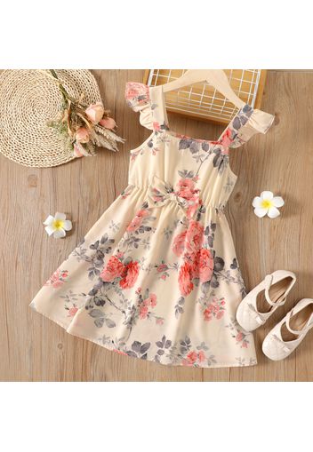 Kid Girl Floral Print Bowknot Design Ruffled Strap Dress