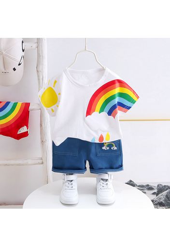 2pcs Toddler Boy/Girl Playful Denim Shorts & Rainbow Sun Print Tee Set