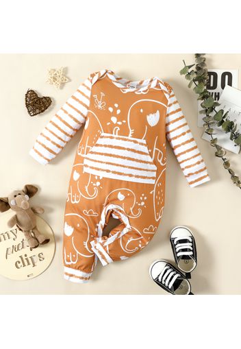 Baby Girl All Over Graphic Elephant Print Splicing Striped Long-sleeve Jumpsuit