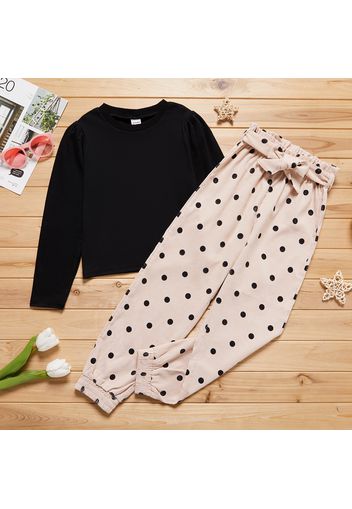 2-piece Kid Girl 100% Cotton Round-collar Long-sleeve Black Top and Polka dots Bowknot Design Paperbag Pants Set