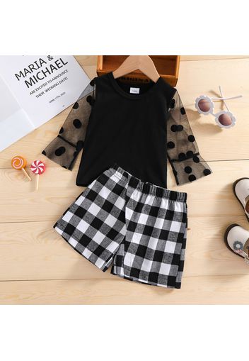 100% Cotton 2pcs Baby Girl Black Polka Dots Mesh Long-sleeve Top and Plaid Shorts Set