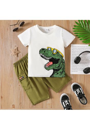 2pcs Kid Boy Animal Dinosaur Print Short-sleeve Tee and Pocket Design Green Shorts Set