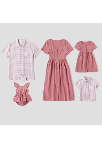 Family Matching Front Button Sets(Short Sleeve Dresses for Mom and Girl ; Short Sleeve Shirts for Dad and Boy)