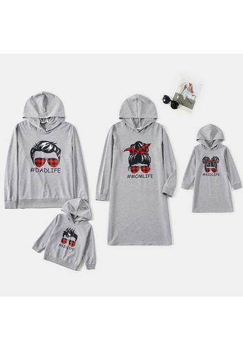 Family Matching Letter and Red Plaid Sunglasses Print Gray Long-sleeve Hooded Sweatshirts and Dresses Sets