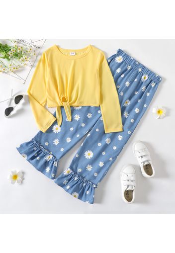 2-piece Kid Girl Tie Knot Long-sleeve Yellow Tee and Floral Print Ruffled Denim Jeans Set