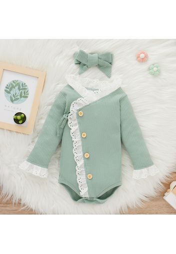 2-piece Baby Girl Ruffled Schiffy Button Design Long-sleeve Ribbed Romper and Headband Set