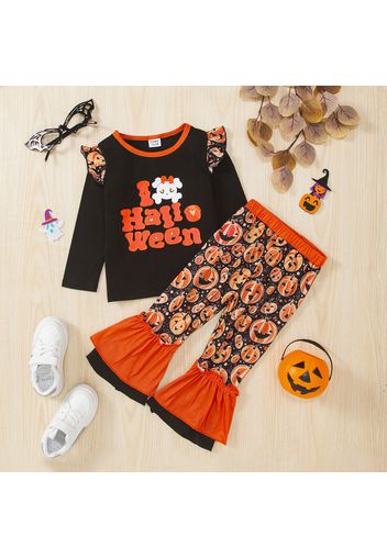 2pcs Toddler Girl Halloween Letter Print Long-sleeve Tee and Pumpkin Print Flared Pants Set