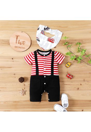 2pcs Baby Boy Striped Short-sleeve Faux-two Jumpsuit with Bib Set