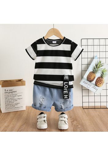 2pcs Toddler Boy Trendy Ripped Denim Shorts and Stripe Webbing Design Tee Set