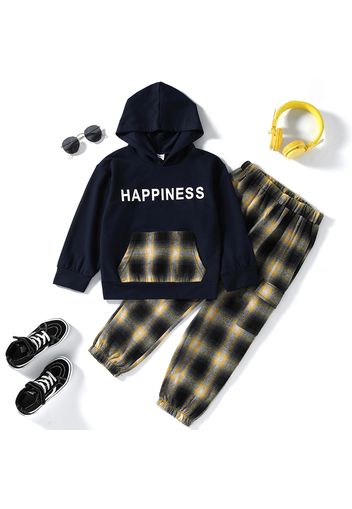 2-piece Kid Boy Letter Print Plaid Pocket Design Hoodie Sweatshirt and Pants Set