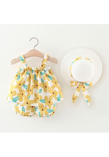 3pcs Baby Girl Allover Floral Print Cami Top and Shorts with Straw Hat Set