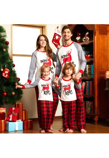 Christmas Reindeer and Letter Print Family Matching Raglan Long-sleeve Red Plaid Pajamas Sets (Flame Resistant)